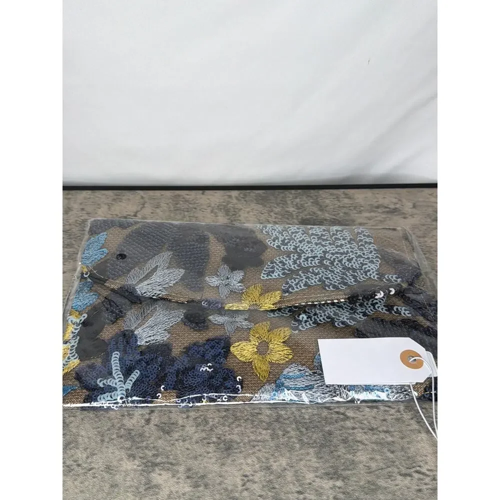 Embroidery Sequin Floral Beaded Purse Evening Bag Clutch - Blue Floral